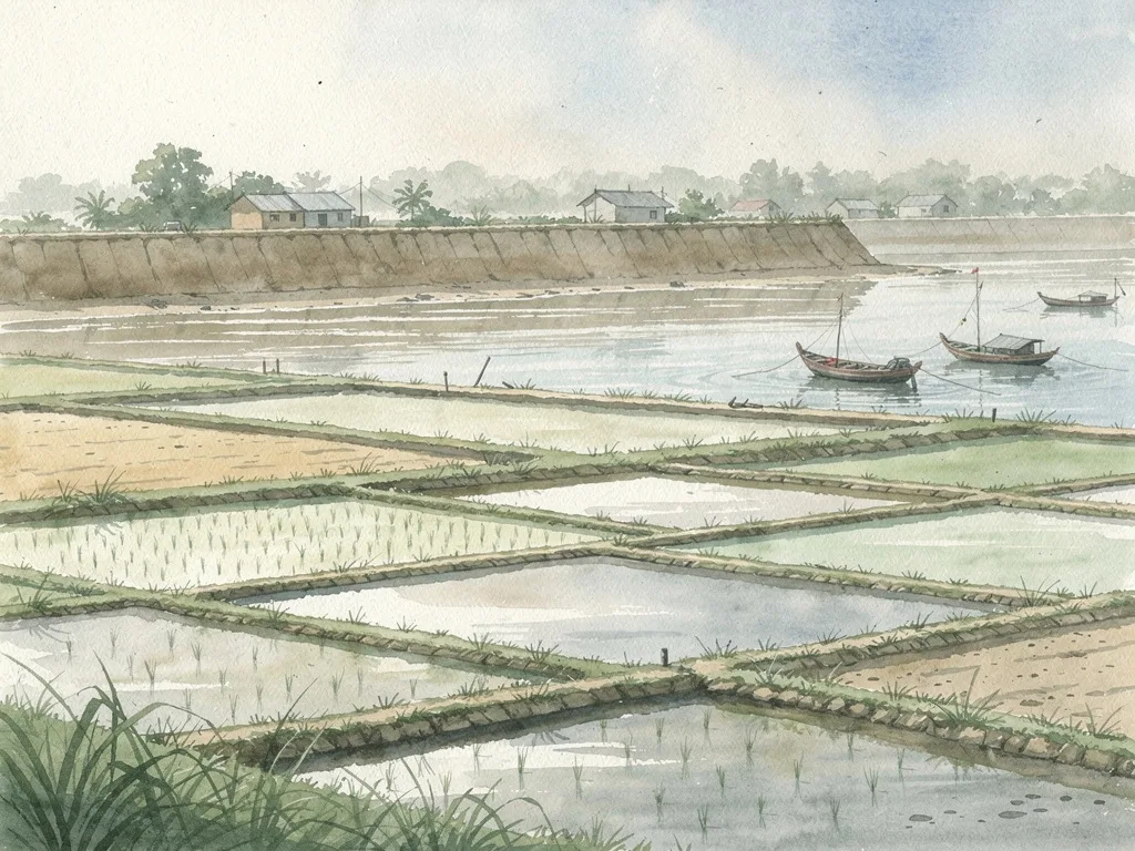 Cảnh minh họa chung về làng ven biển với đê đất, ruộng lúa và thuyền nhỏ
