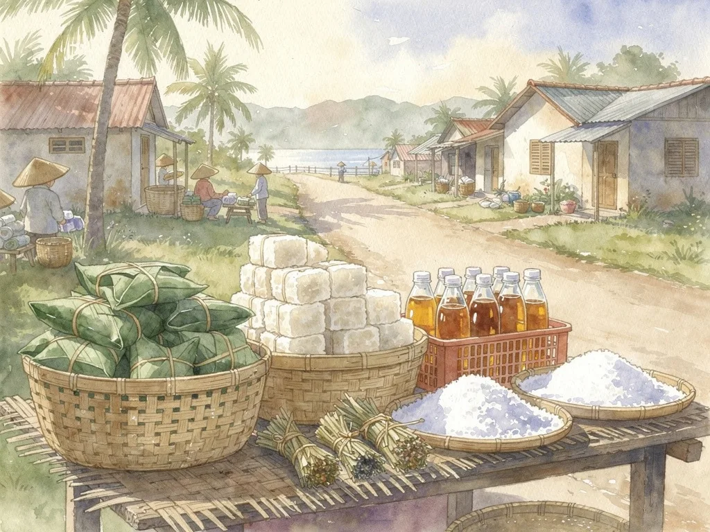 Cảnh chợ quê ven biển với bánh truyền thống, nước mắm, trà dược liệu và muối biển.