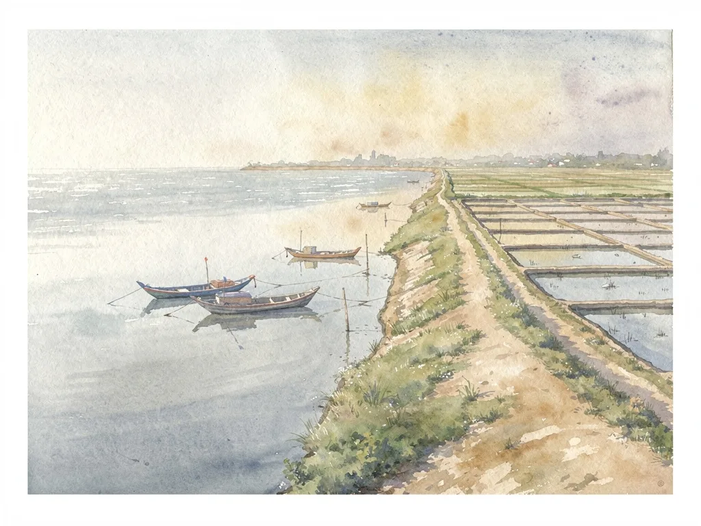 Cảnh ven biển với đê, thuyền nhỏ và ruộng muối dưới trời sáng.