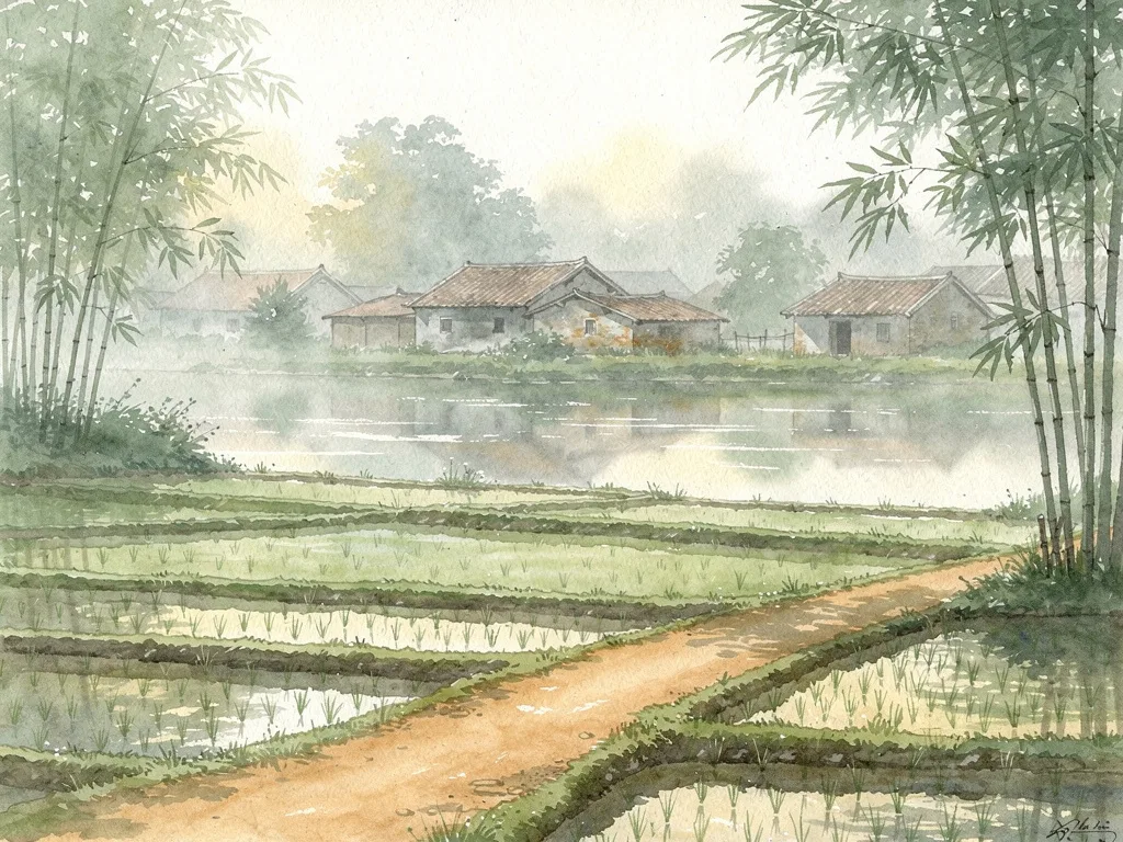 Cảnh làng quê Bắc Bộ với bờ sông, ruộng lúa và lối đi nhỏ.