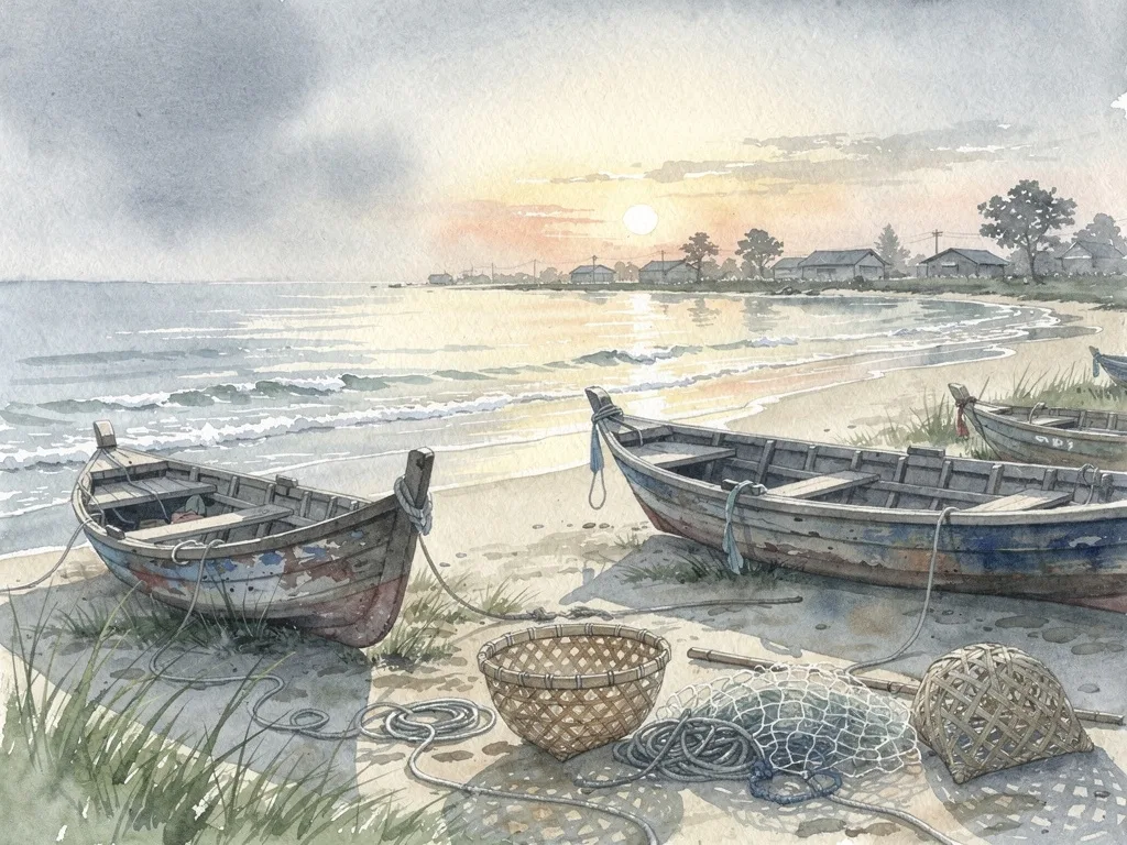 Bình minh ở làng chài với thuyền nhỏ và lưới cá trên bãi cát.