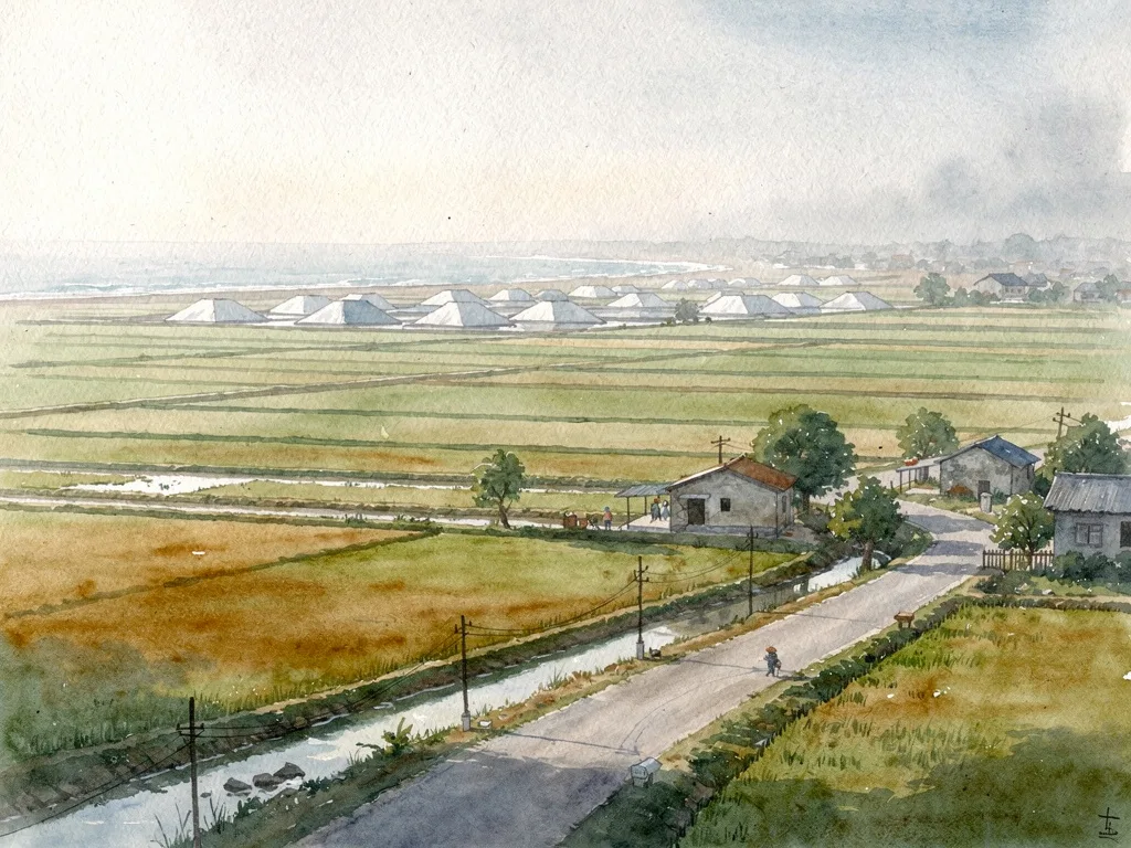 Cảnh làng quê ven biển với đường làng, ruộng mở và đồng muối xa xa.