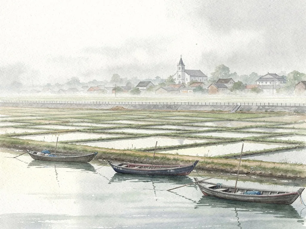 Cảnh ven biển với đê biển, thuyền và ruộng muối, nhìn xa có bóng dáng nhà thờ.