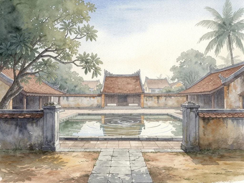 Không gian làng quê có mái ngói, mặt nước tĩnh và lối đi nhỏ giữa hàng cây.