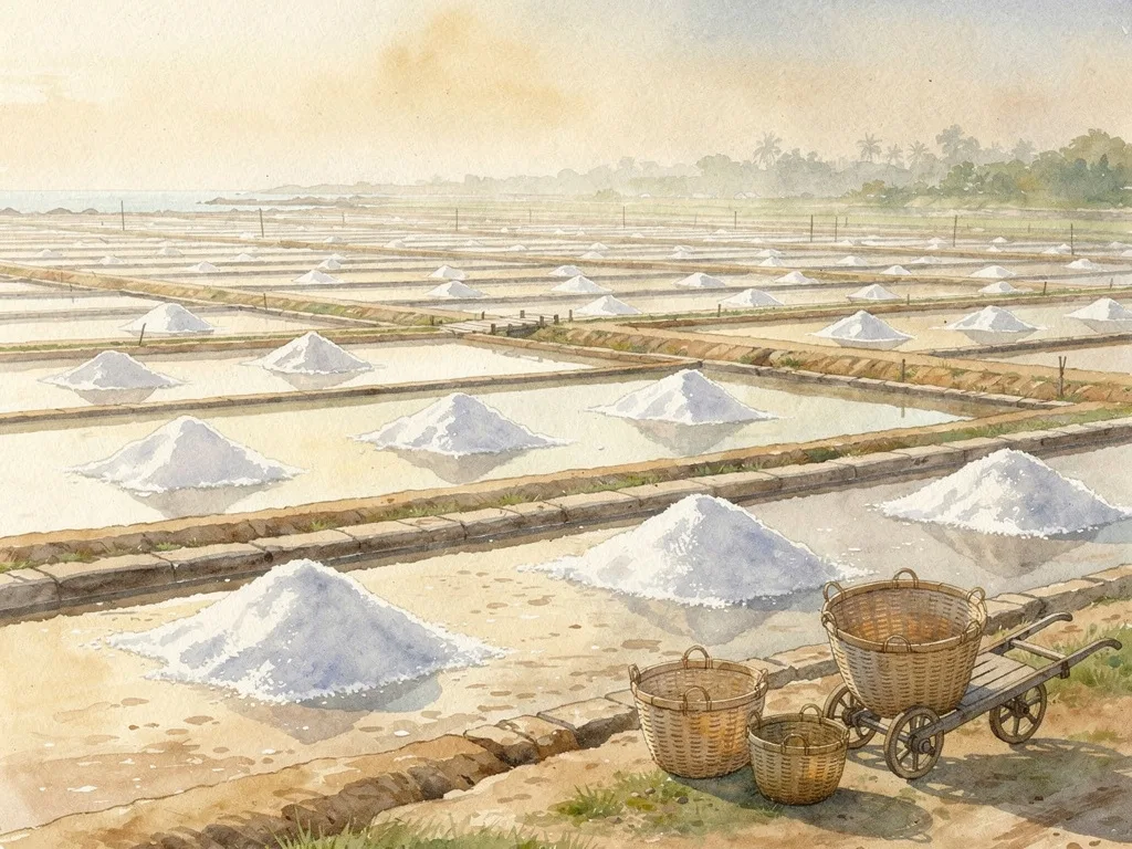 Cánh đồng muối ven biển với ruộng phơi cát, bờ đê thấp và những đống muối trắng dưới nắng sớm.