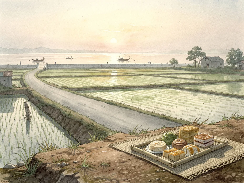 Cảnh làng quê ven biển với ruộng lúa, đê biển, thuyền nhỏ và sân phơi muối.