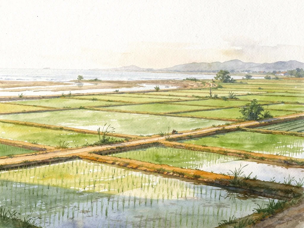 Không gian nông thôn ven biển với ruộng lúa xanh và bờ đê đất trong ánh chiều.
