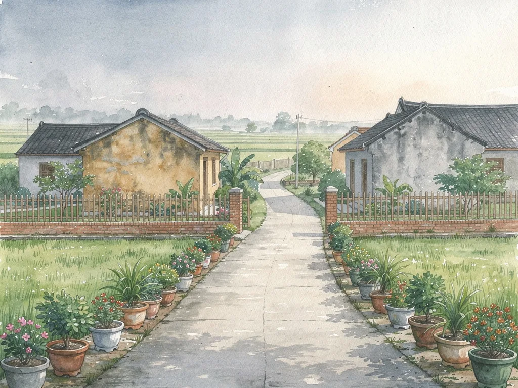 Cảnh làng quê với đường nhỏ, chậu cây cảnh xếp hàng và ruộng lúa phía xa.
